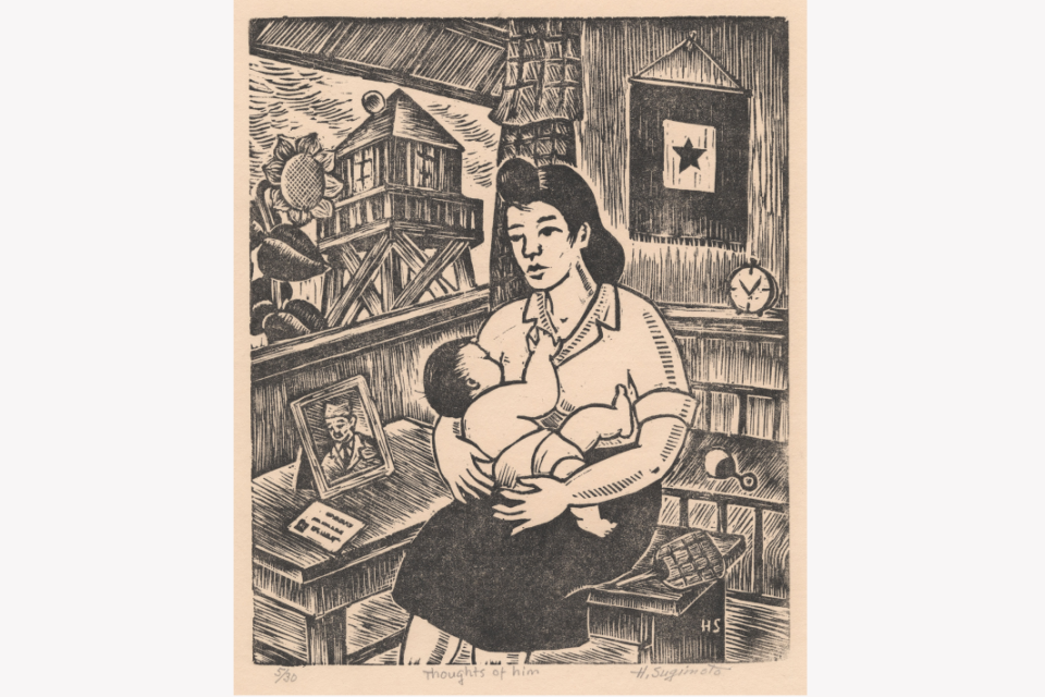black in print of a woman holding baby in her arms while looking at framed photo of man in uniform